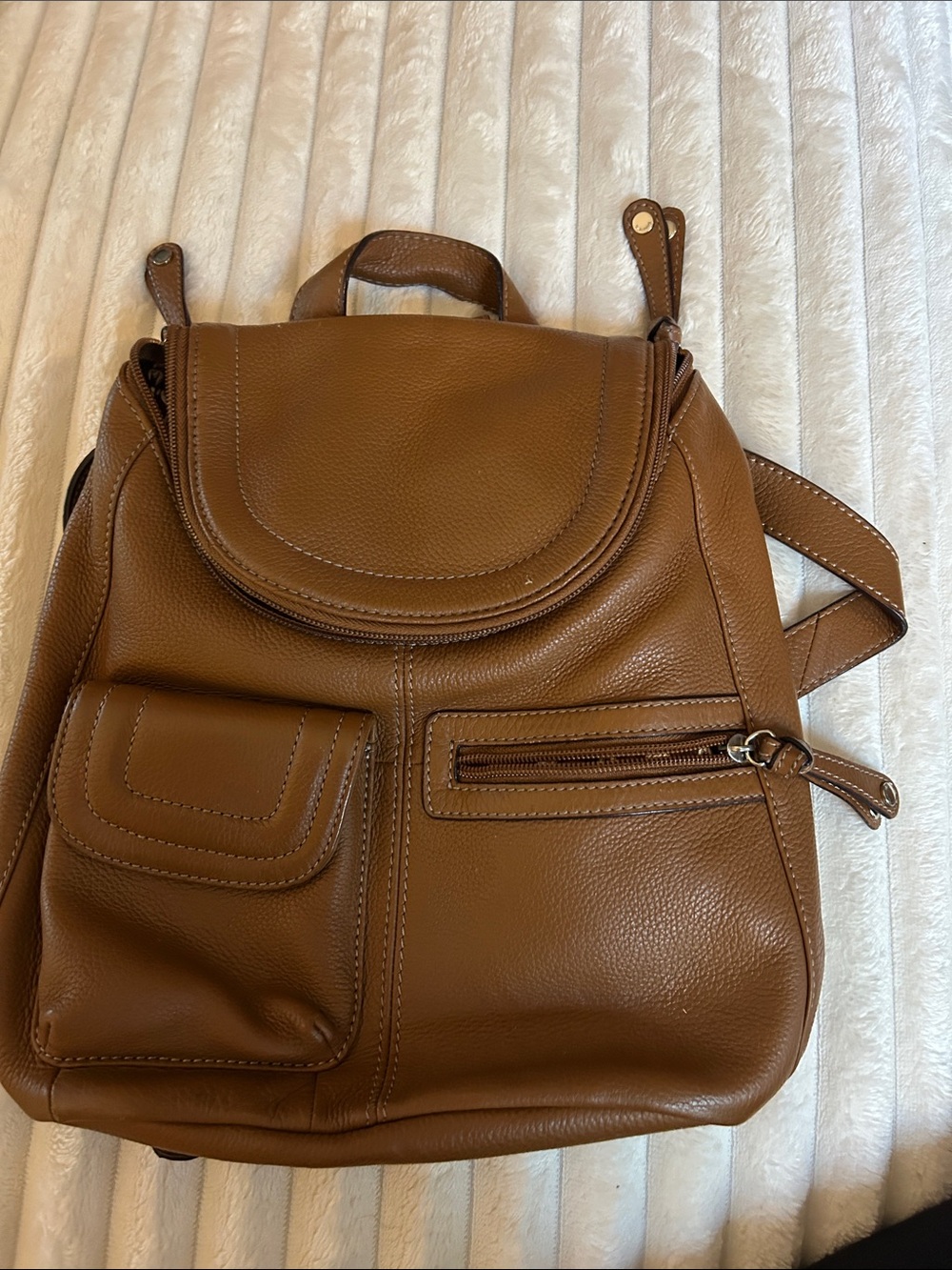 Tignanello Tan/brownPebbled Leather Backpack with Chain-Print Lining